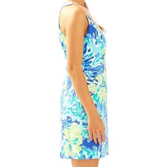 Lilly Pulitzer Pearl Shift Dress Blue Floral Size 00 Embroidered Halter Neckline - Picture 2 of 9